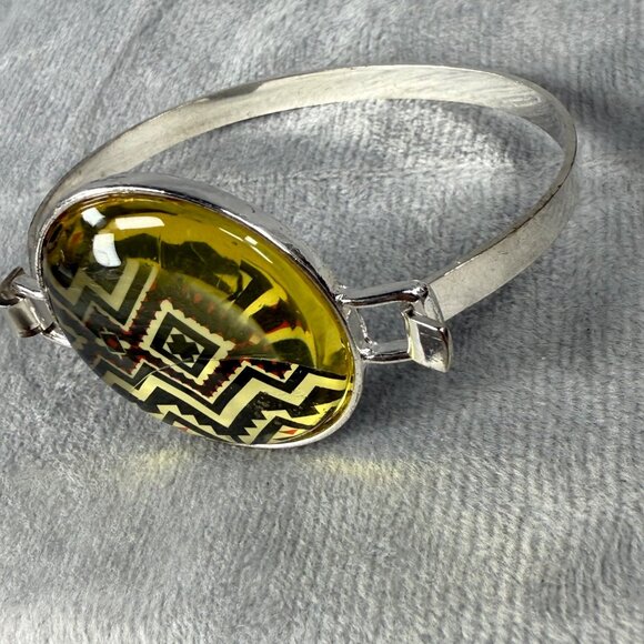 Geometric Aztec Pattern Glass Dome Silver-Tone Bracelet Women Fashion Jewelry - Picture 13 of 16